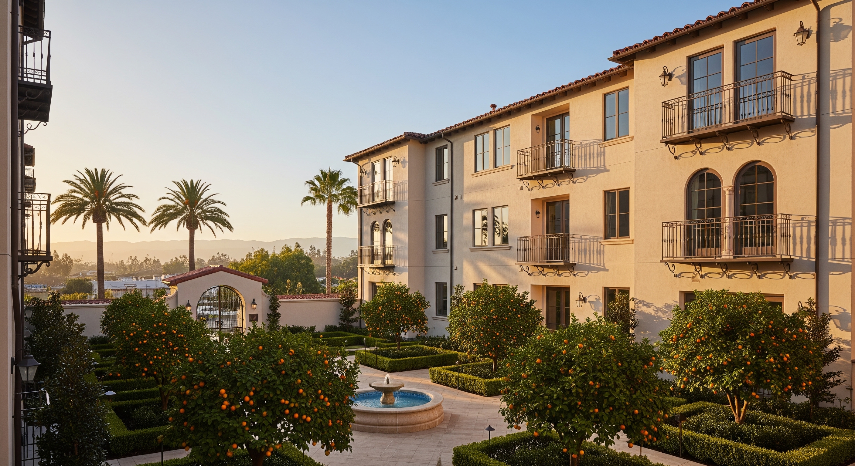 Sunny Courtyard with Orange Trees and Mediterranean-Style Real Estate Building