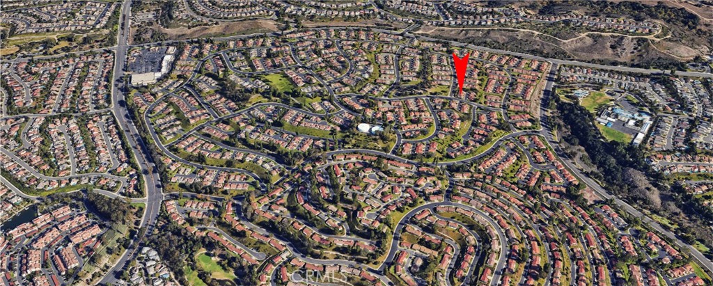 Aerial View of Suburban Neighborhood with Curved Streets and Real Estate Listings