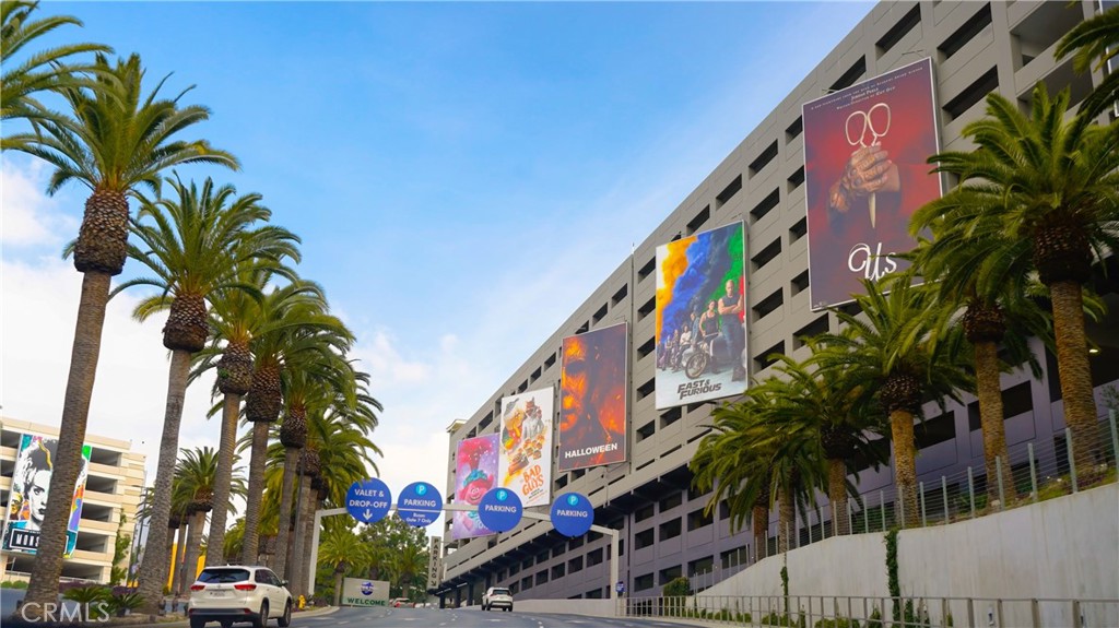 Palm-Lined Street Next to Large Building with Colorful Advertisements