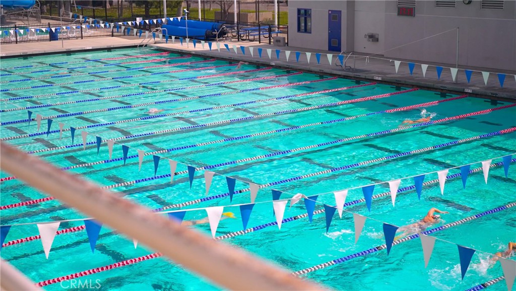 Outdoor Swimming Pool with Lanes and Swimmers at Real Estate Location