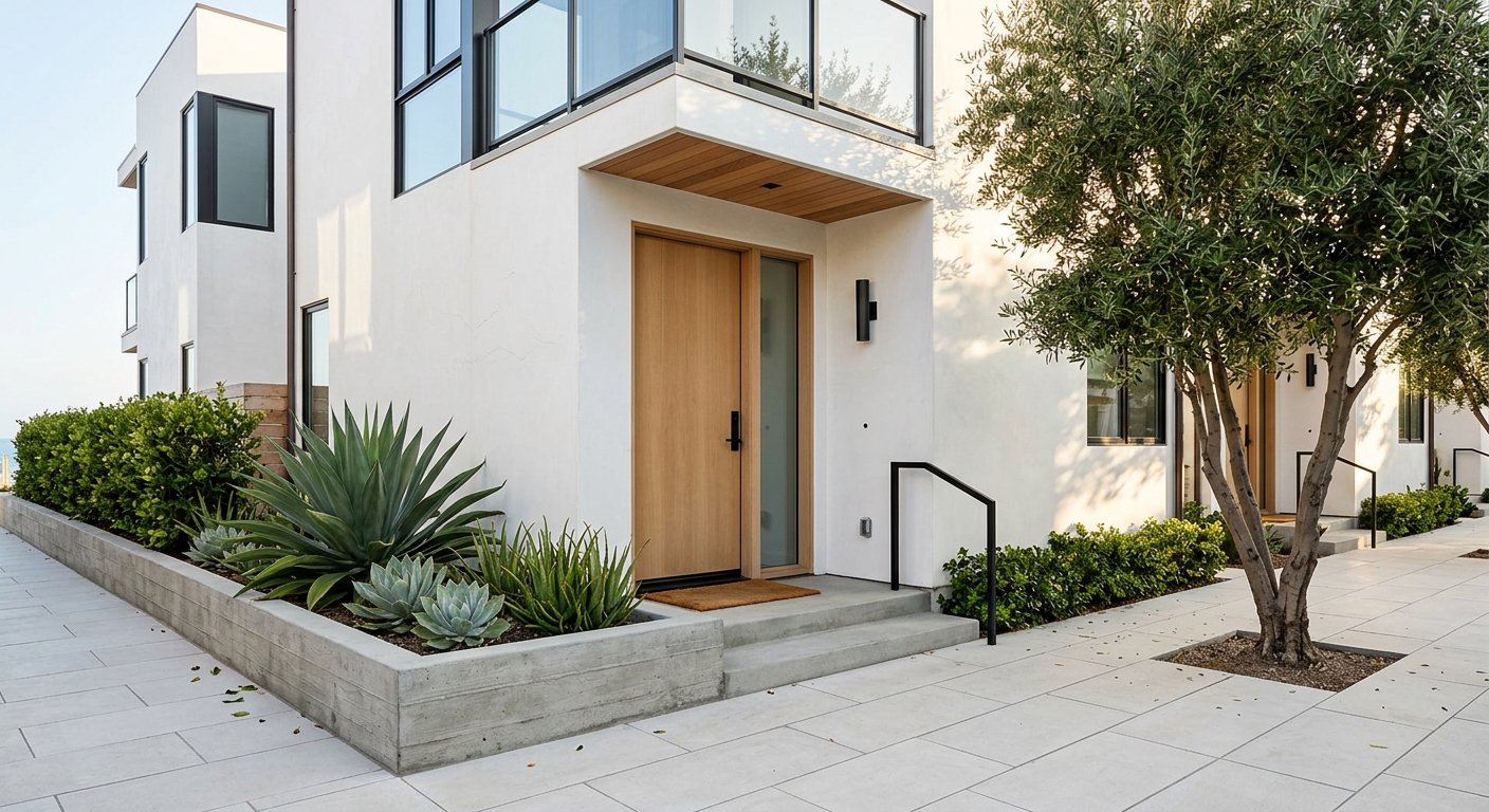 Modern Townhome Entrance with Succulent Landscaping in Real Estate Listings