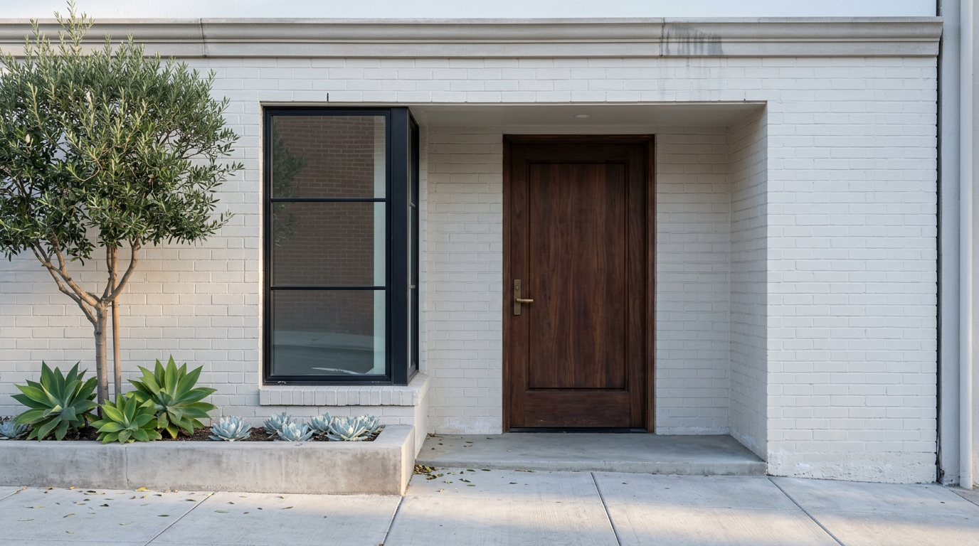 Modern Home Entrance with Wooden Door and Tall Glass Window Real Estate