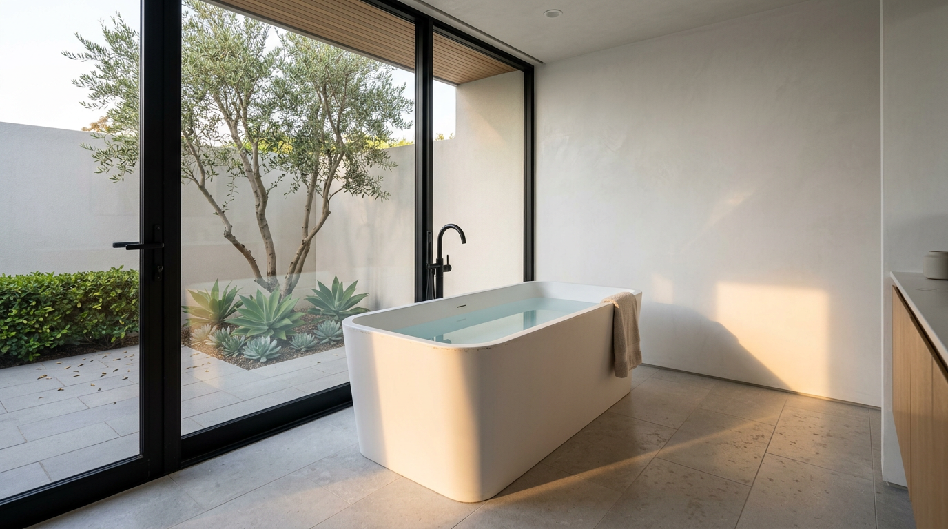 Modern Bathroom with Freestanding Tub and Large Windows Overlooking Garden