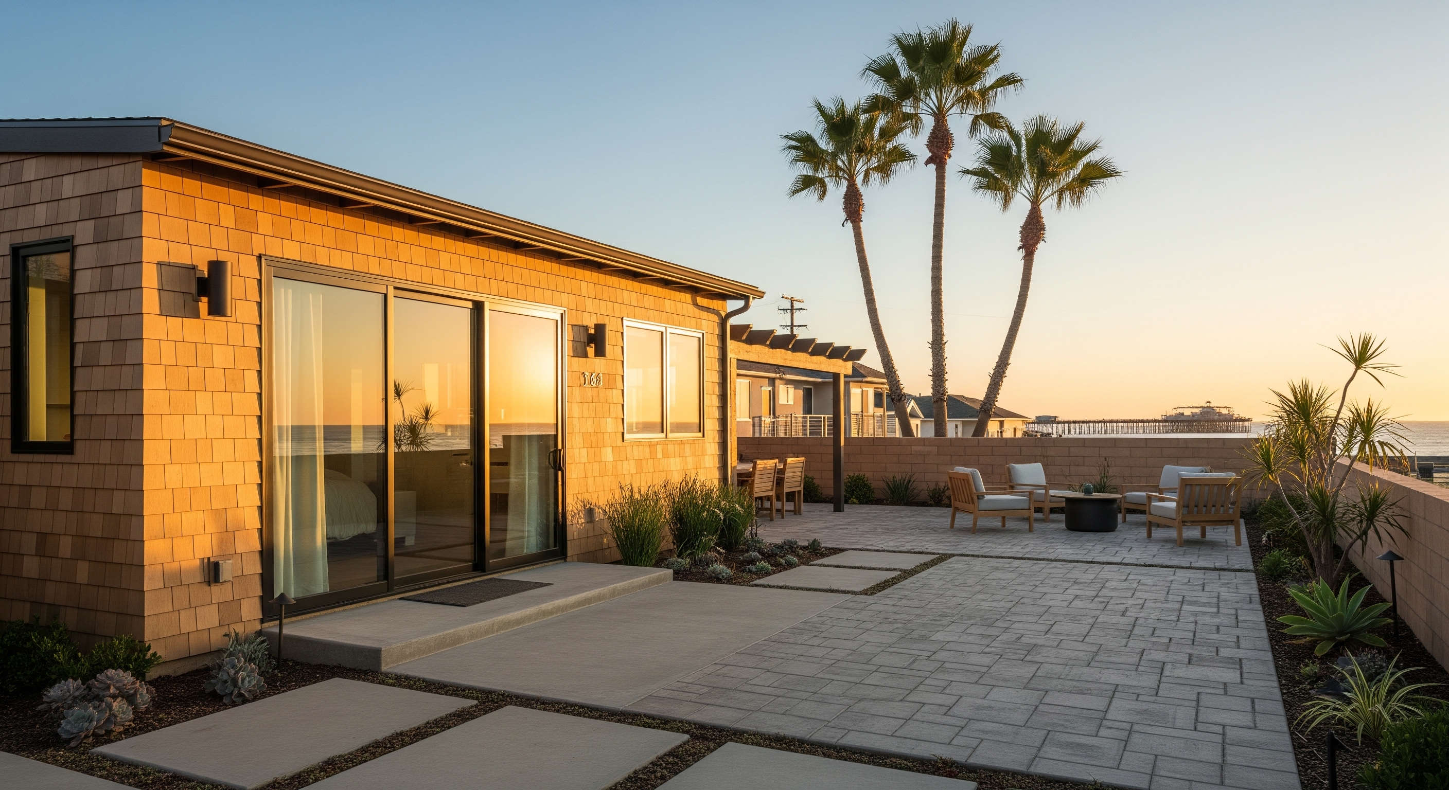 Modern Beachfront Home at Sunset With Patio and Palm Trees