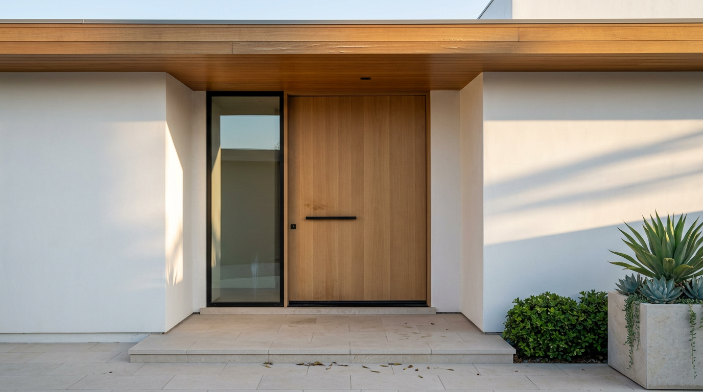 Modern House Entrance with Wooden Door and Minimalist Landscaping