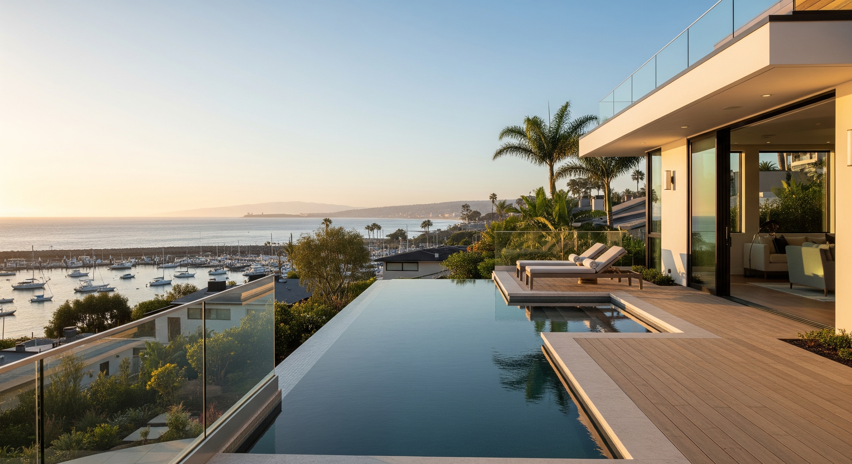 Luxury Home Overlooking Harbor with Infinity Pool at Sunset in Dana Point