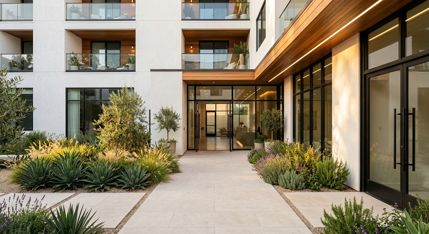 Modern Building Entrance with Glass Doors and Lush Landscaping, Real Estate Listings