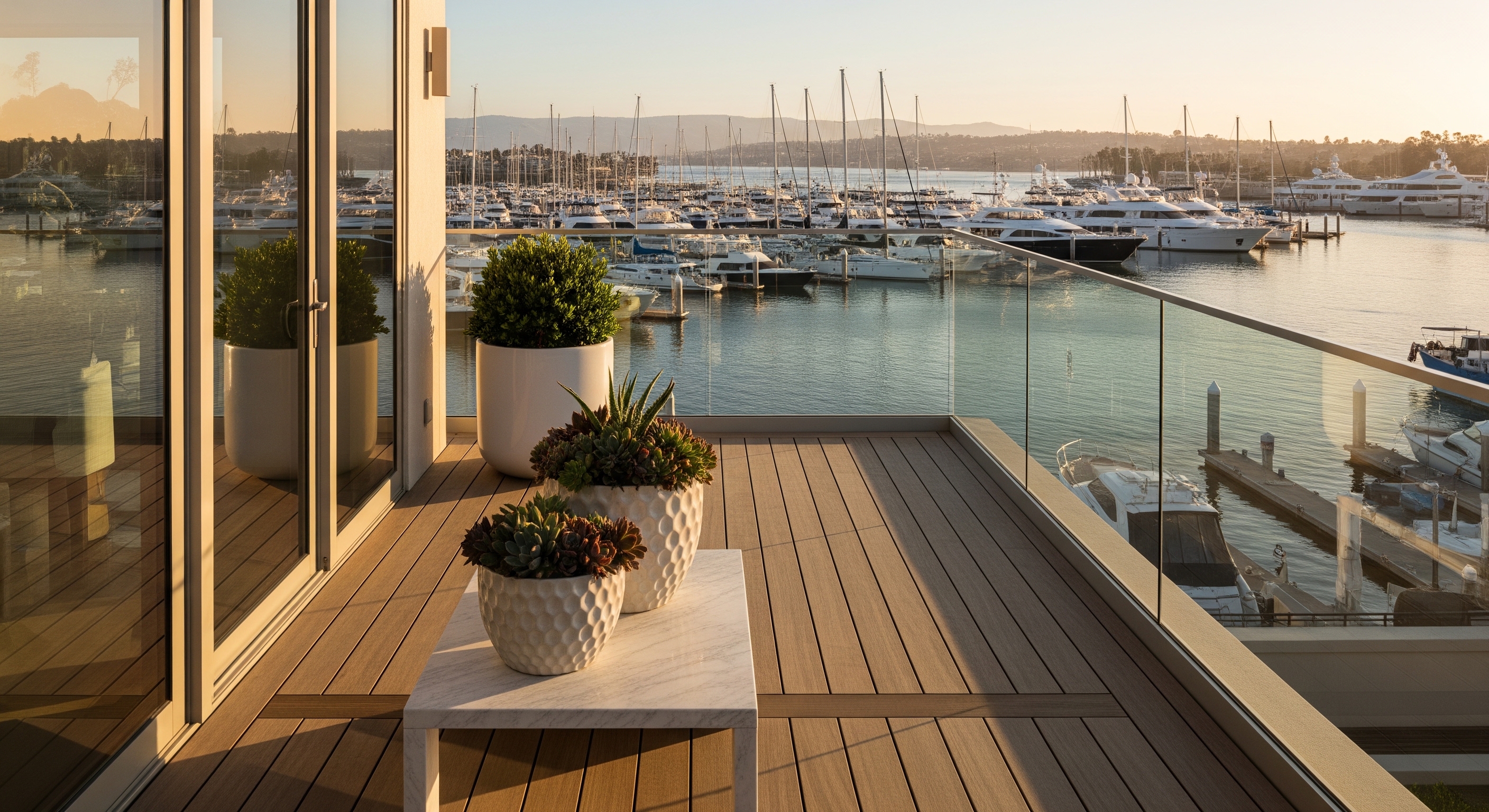 Modern Balcony Overlooking Marina with Yachts, Enhancing Real Estate Appeal