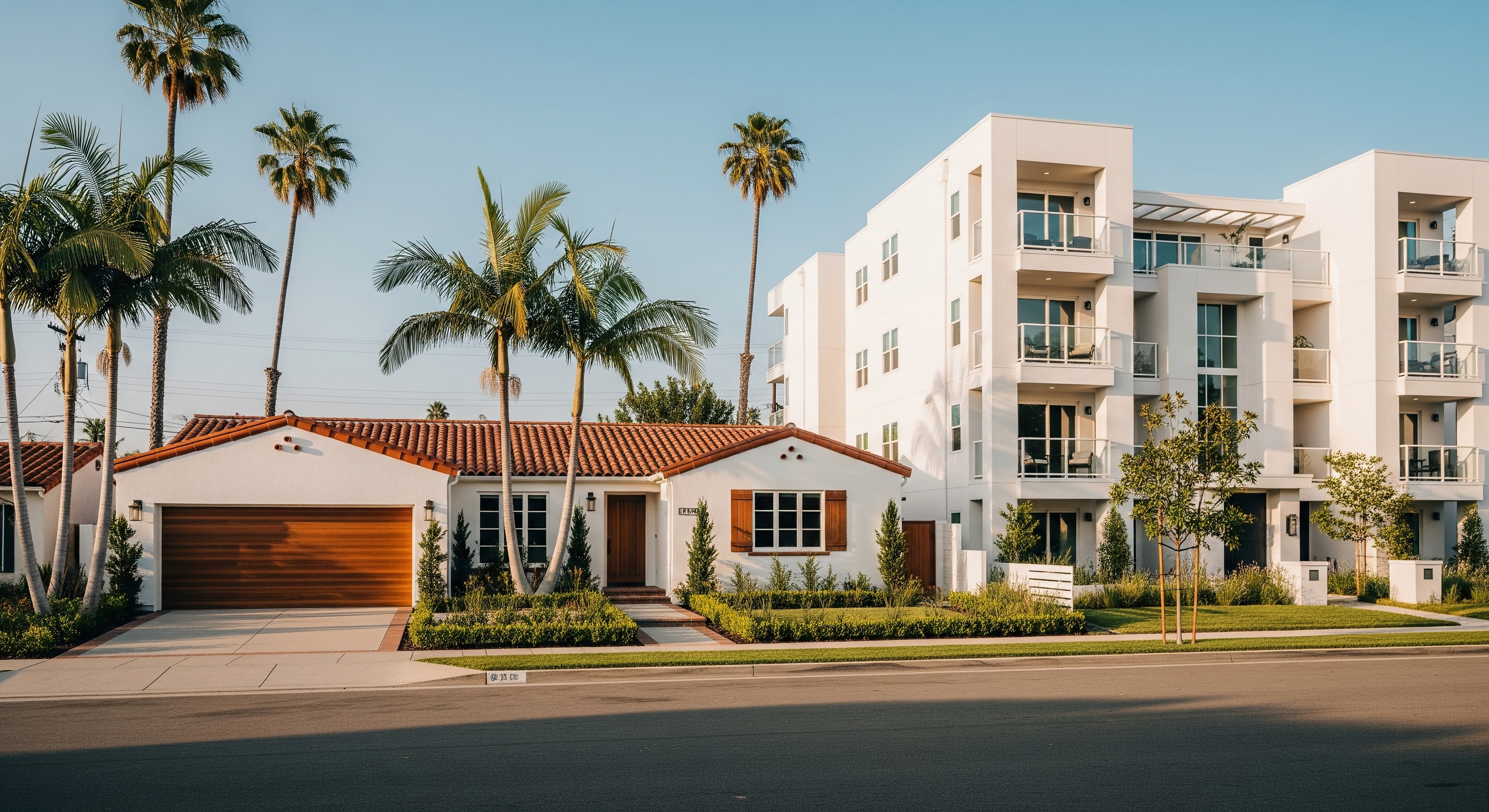 Modern Homes for Sale with Palm Trees and Driveways in Sunny Neighborhood