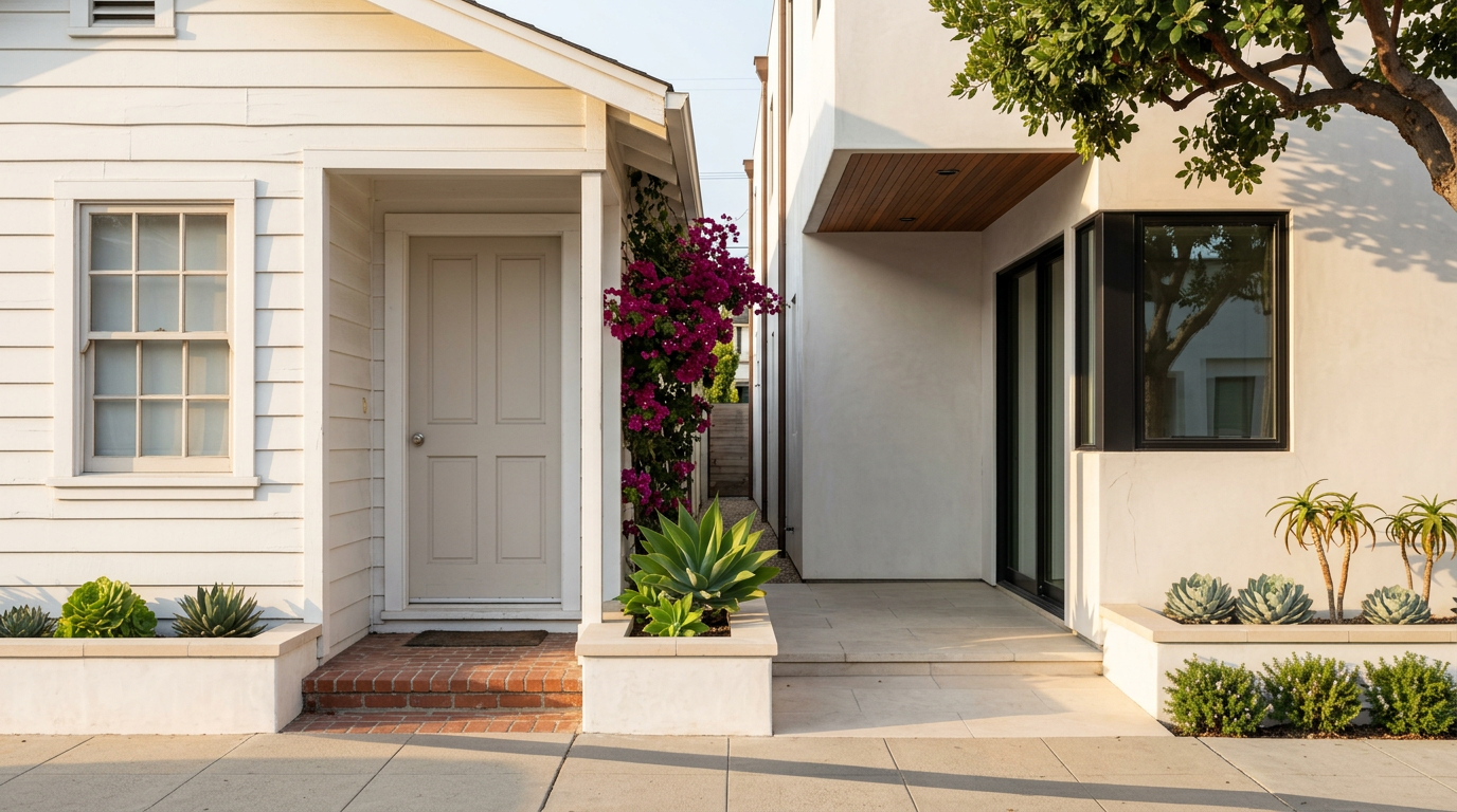 Charming Cottage Next to Modern Home Highlighting Real Estate Variety