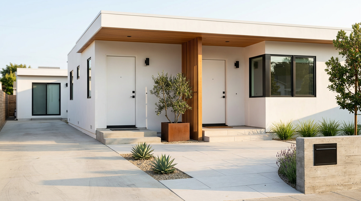 Modern Duplex with Minimalist Design and Desert Landscaping in Costa Mesa