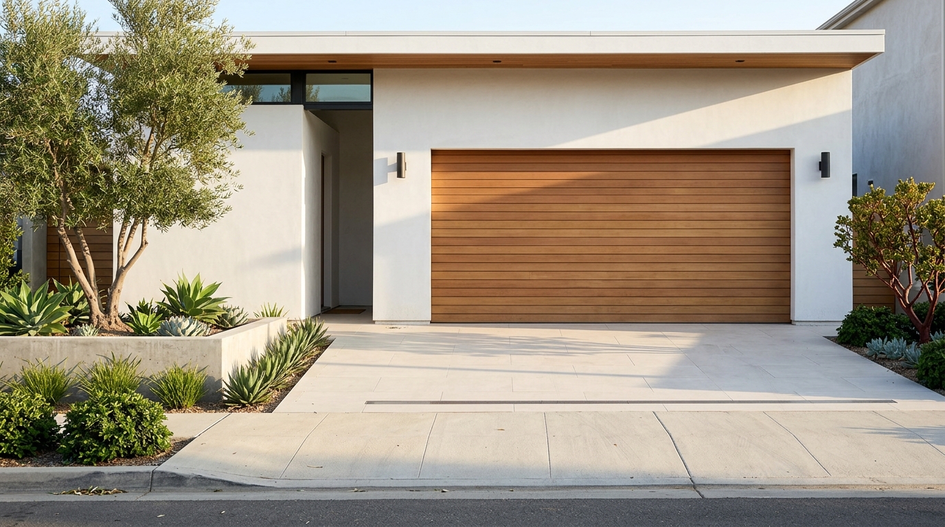 Modern Single-Story Home With Wooden Garage Door and Succulent Landscaping