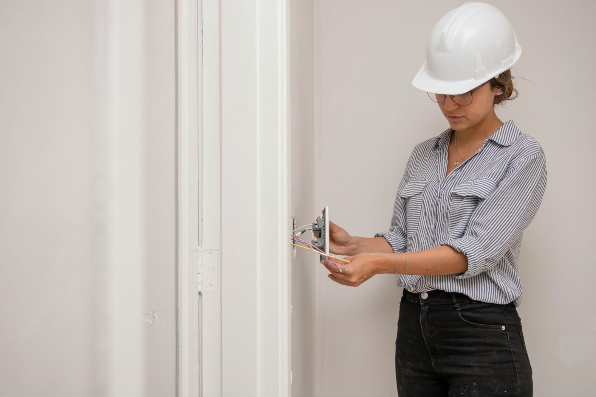 Construction Worker Inspecting Electrical Wiring in a Residential Property