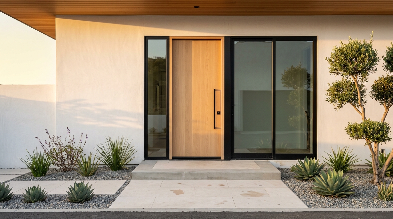 Modern Home Entrance with Wooden Door and Minimalist Landscaping