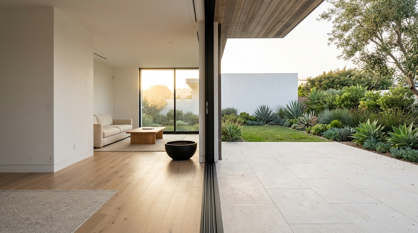 Modern Living Room Overlooking Spacious Garden in Real Estate Listing