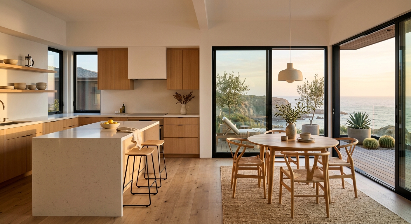 Modern kitchen with island open to dining area