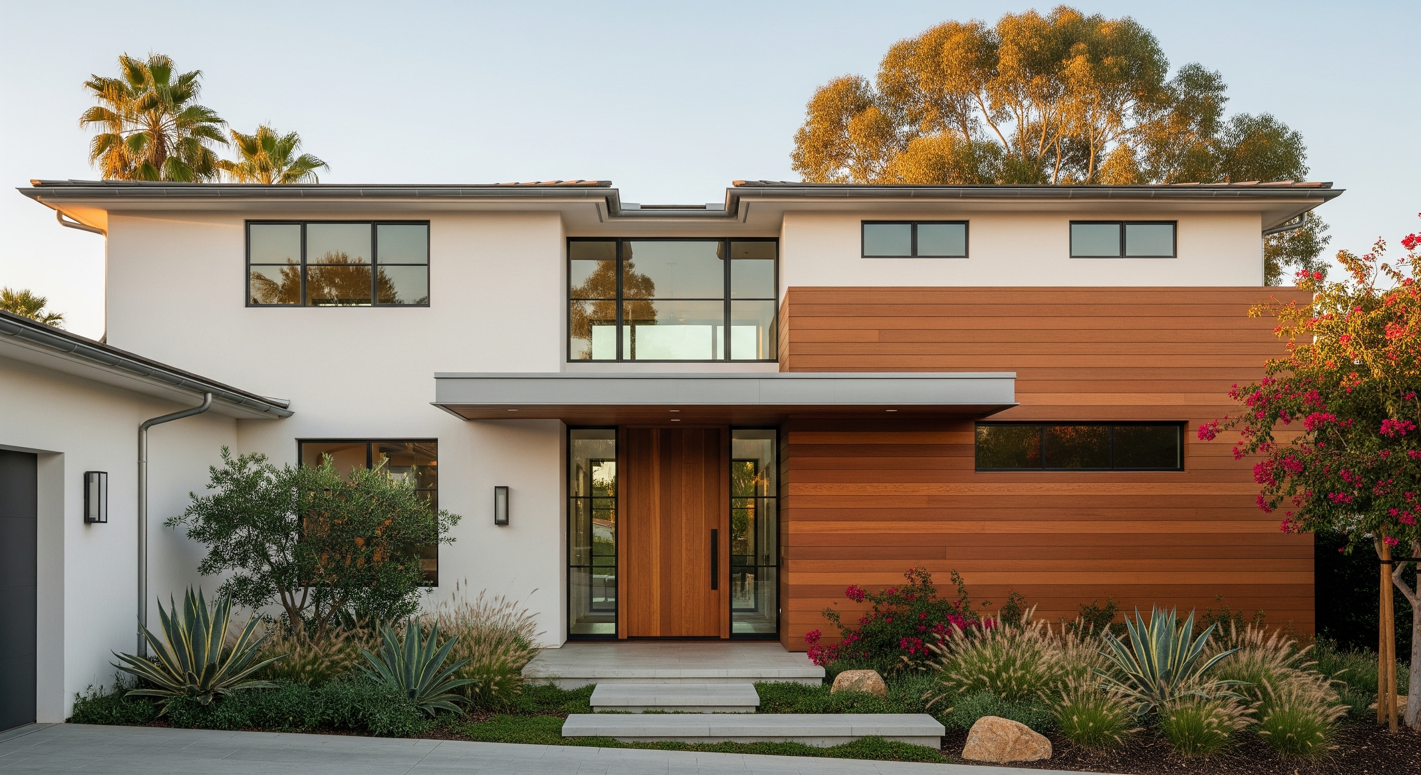 Modern Two-Story Home with Wooden Accent Panels and Lush Front Yard Landscaping