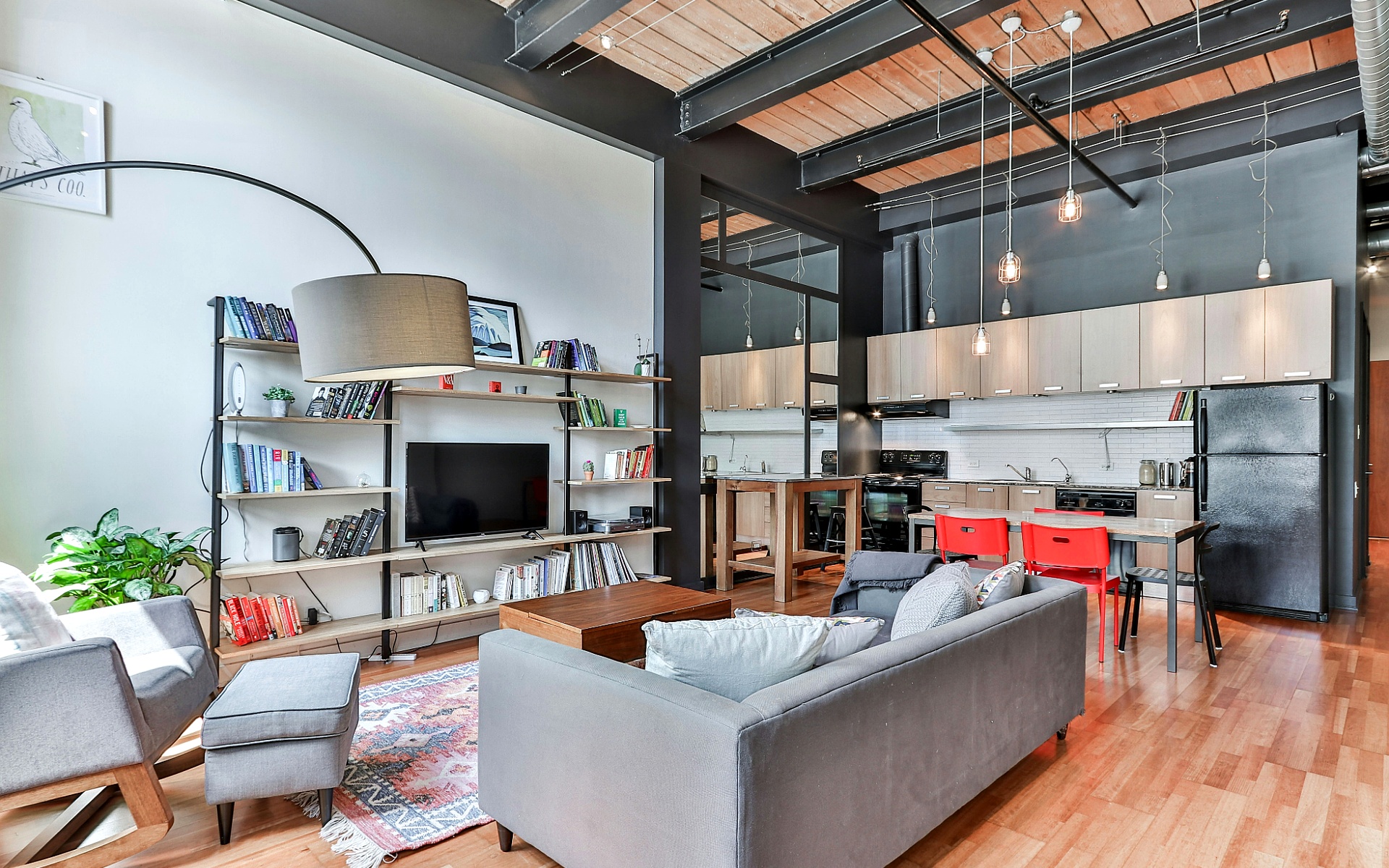 Modern Living Room With Open Kitchen and Shelves, Real Estate Listings